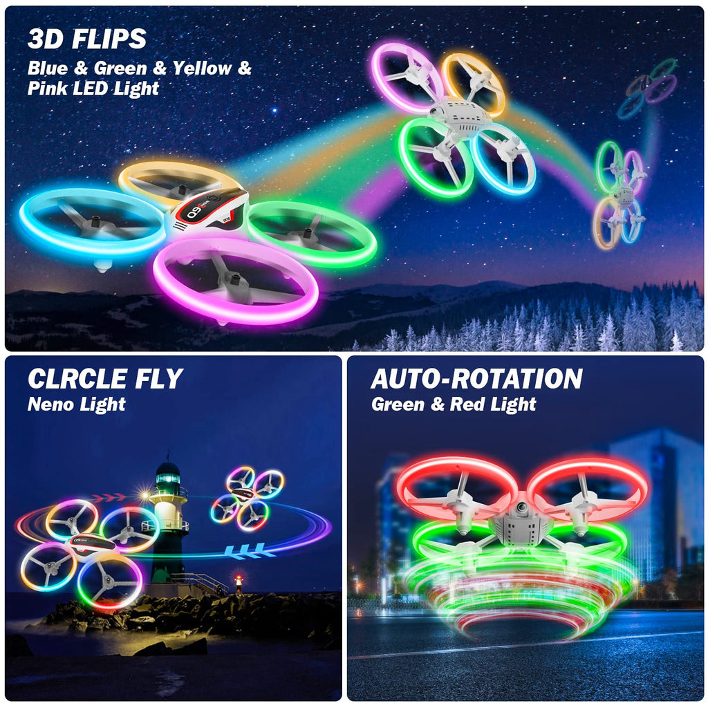 Drone caméra HD LED — maintien d'altitude, mode sans tête, 2 batteries