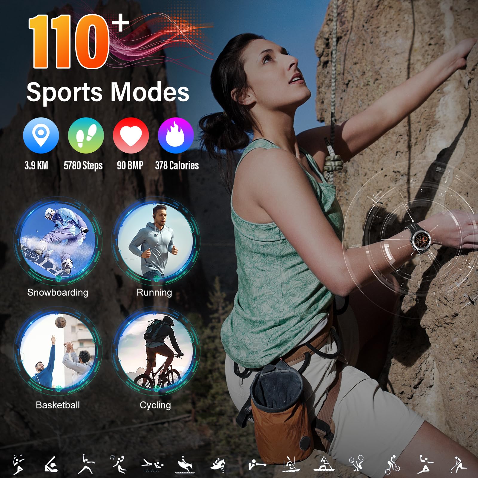 Montre connectée militaire homme femme 1,39 pouces HD appel Bluetooth GPS