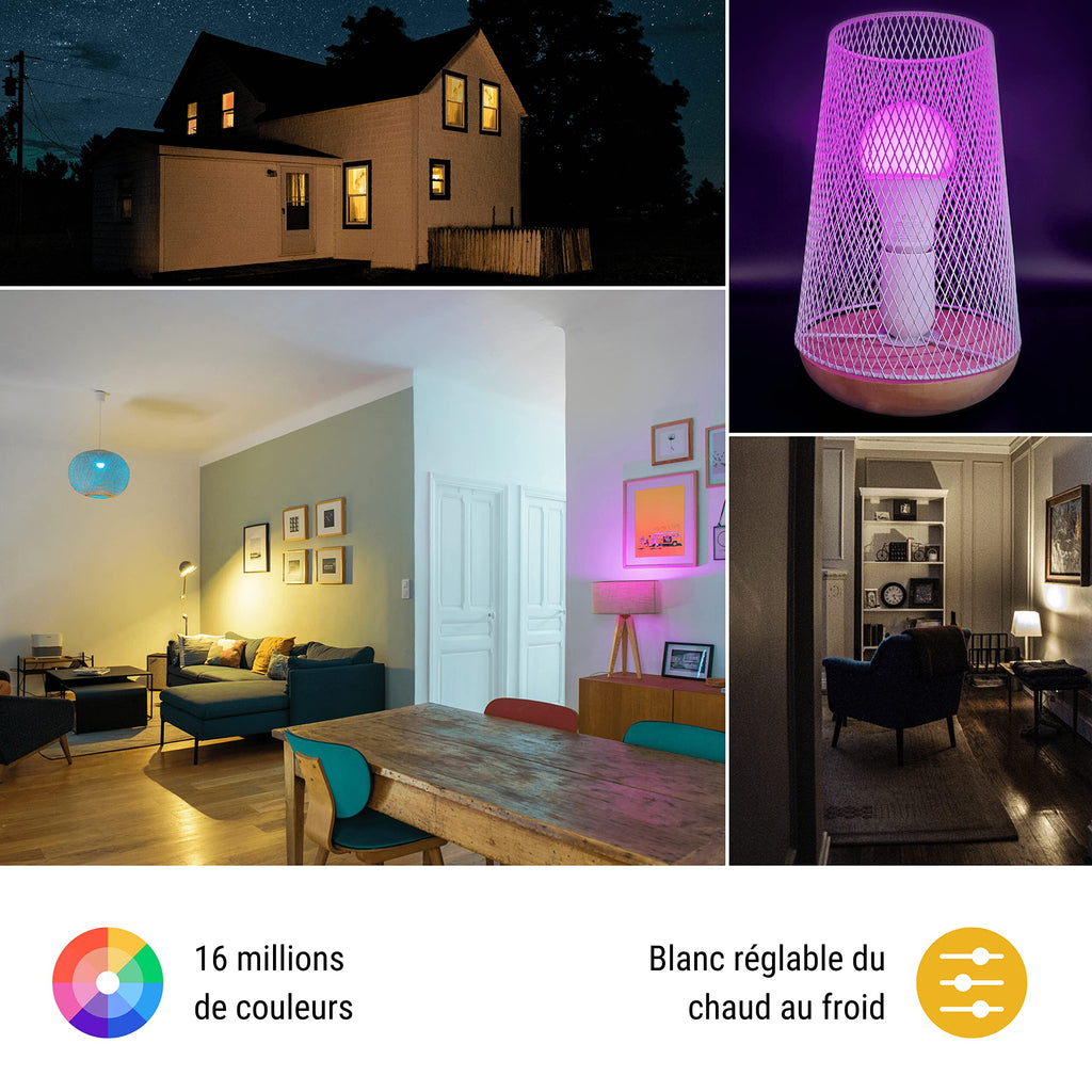 Ampoule LED connectée E27 — WiFi + Bluetooth, 1055 lm, 16 millions de couleurs + blanc réglable, compatible Alexa & Google