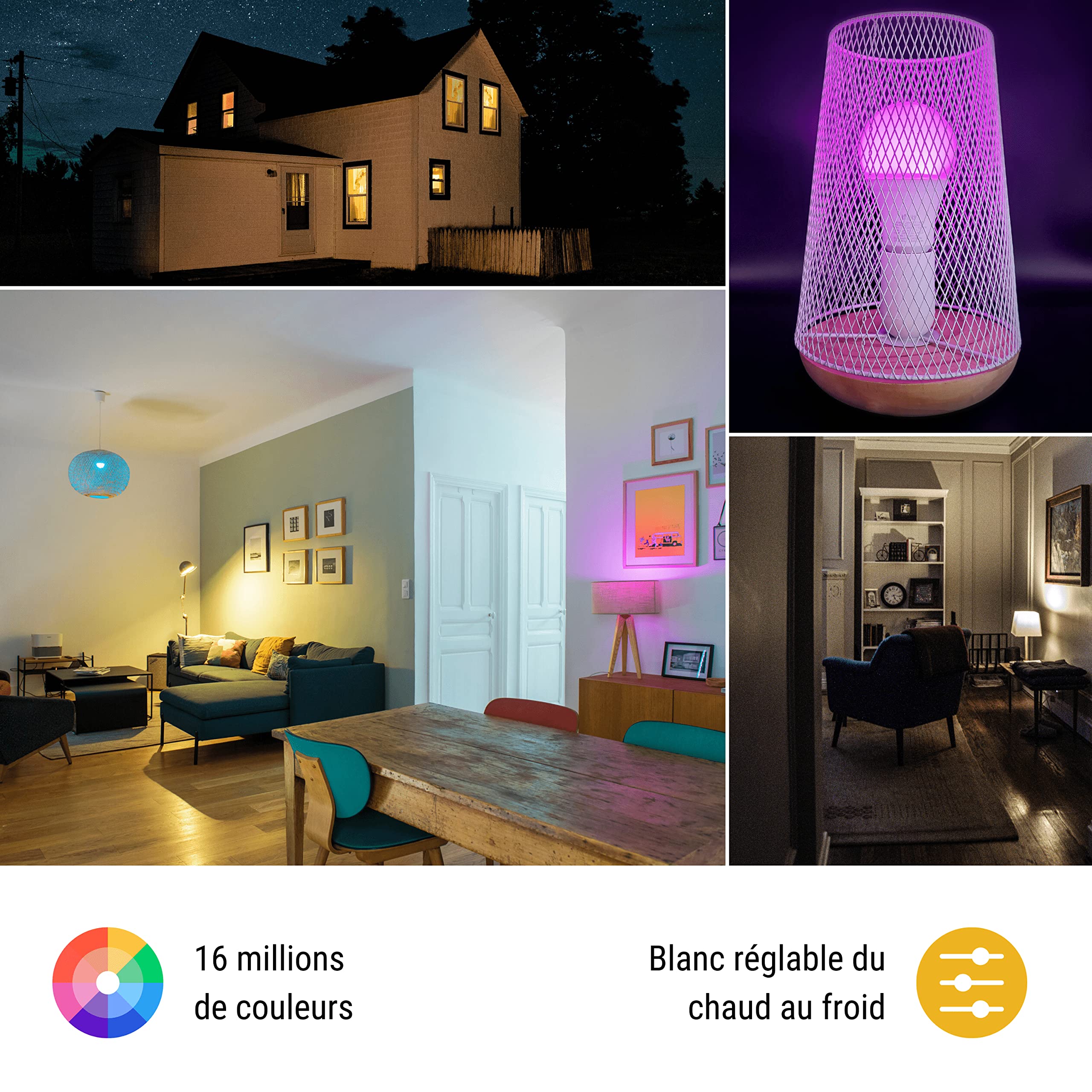 Ampoule LED connectée E27 — WiFi + Bluetooth, 1055 lm, 16 millions de couleurs + blanc réglable, compatible Alexa & Google