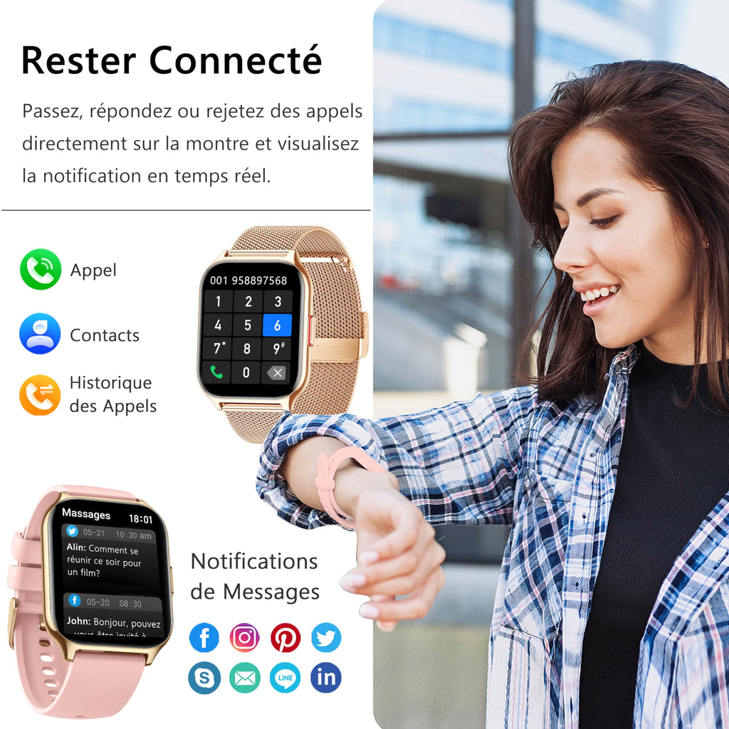 Montre connectée femme homme HD 2,0" — appels Bluetooth, SpO2, 100+ modes sport