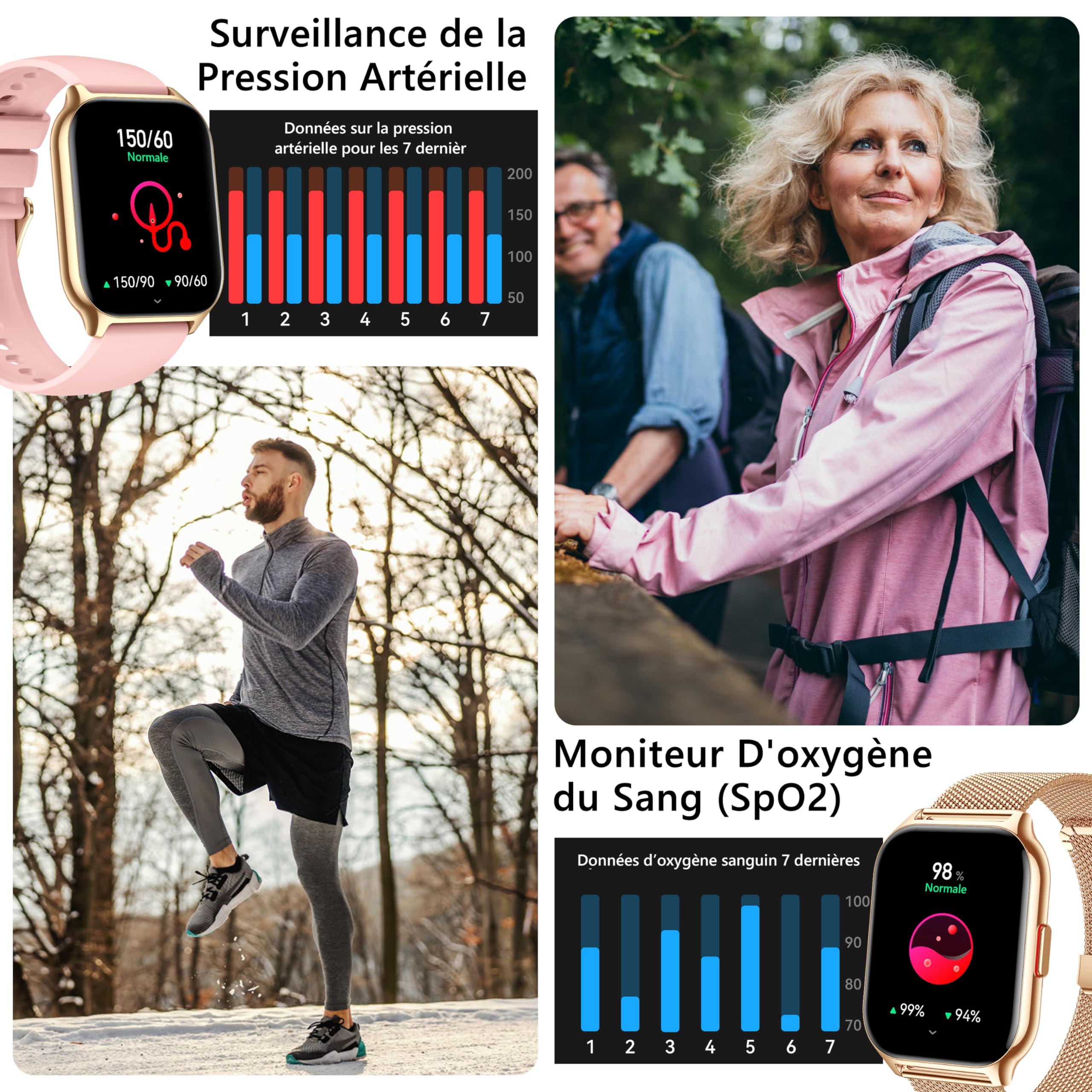 Montre connectée femme homme HD 2,0" — appels Bluetooth, SpO2, 100+ modes sport