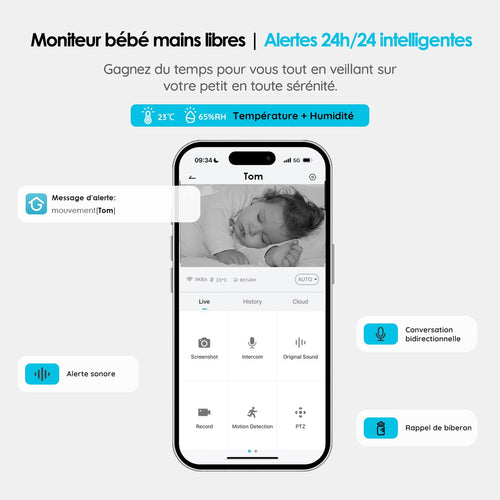 Babyphone caméra vidéo écran 4,3" — PTZ 360°, vision nocturne, audio bidirectionnel, app smartphone